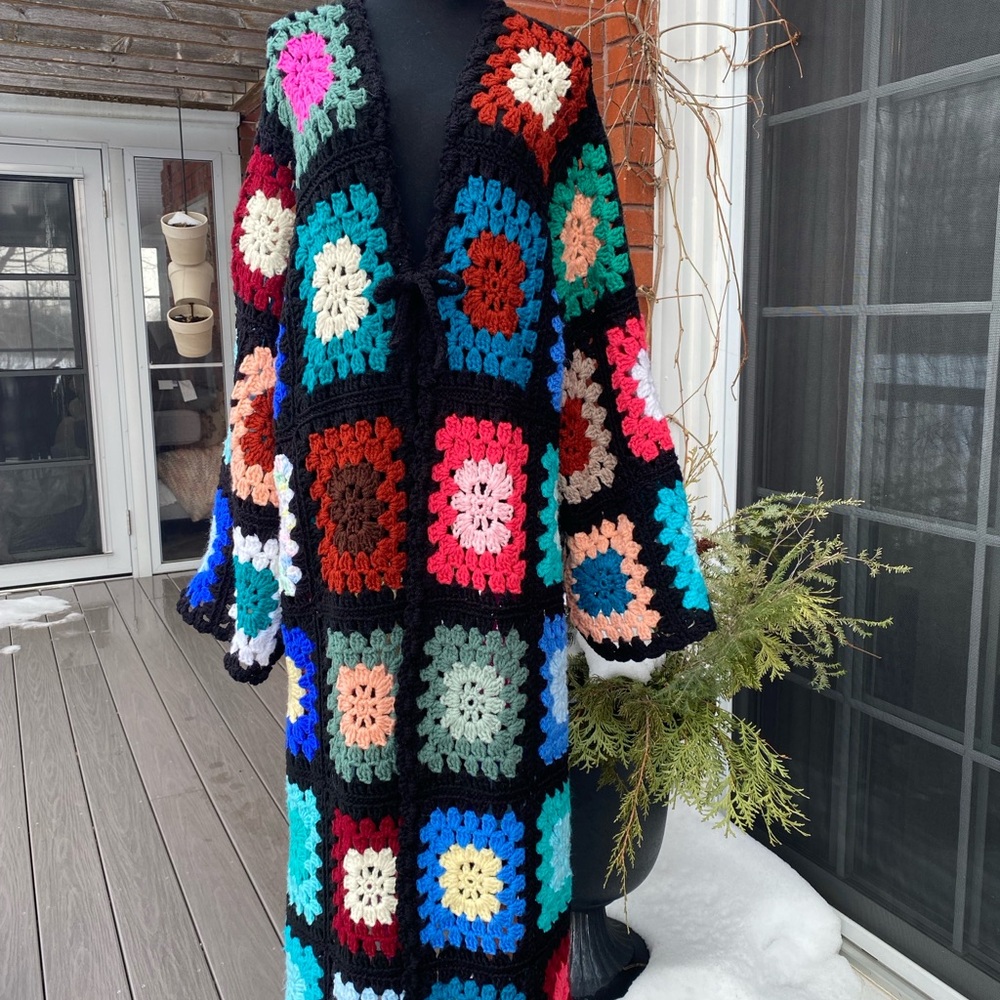 Colorful Crochet Granny Square Sweater Coat